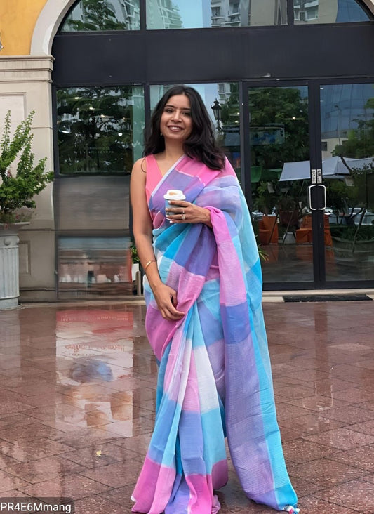 Plain Linen Saree with Printed Fumka Latakan & Satin Blouse