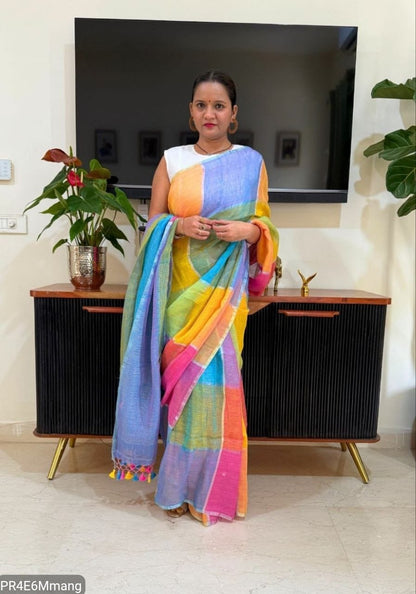 Plain Linen Saree with Printed Fumka Latakan & Satin Blouse