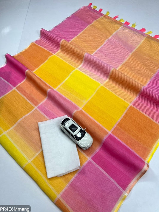 Plain Linen Saree with Printed Fumka Latakan & Satin Blouse