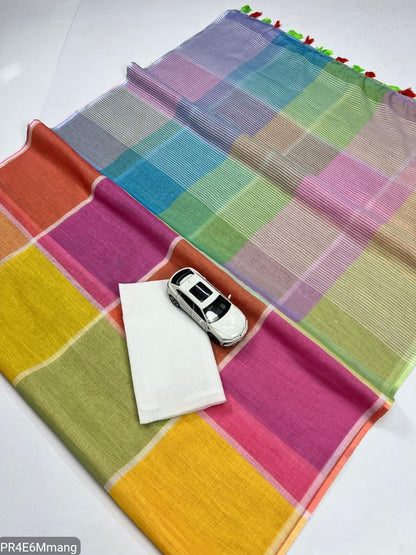 Plain Linen Saree with Printed Fumka Latakan & Satin Blouse