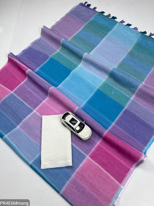 Plain Linen Saree with Printed Fumka Latakan & Satin Blouse