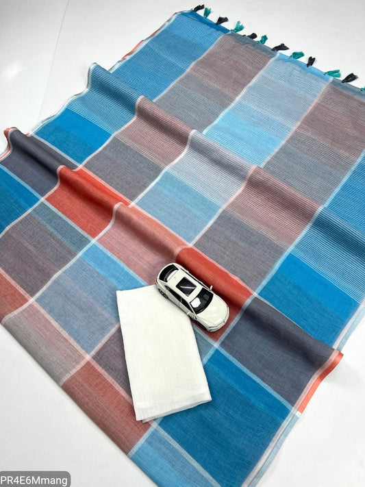 Plain Linen Saree with Printed Fumka Latakan & Satin Blouse