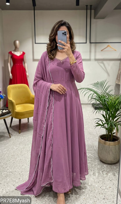 Plum Fox Georgette Anarkali Suit with Beads Work & Dupatta