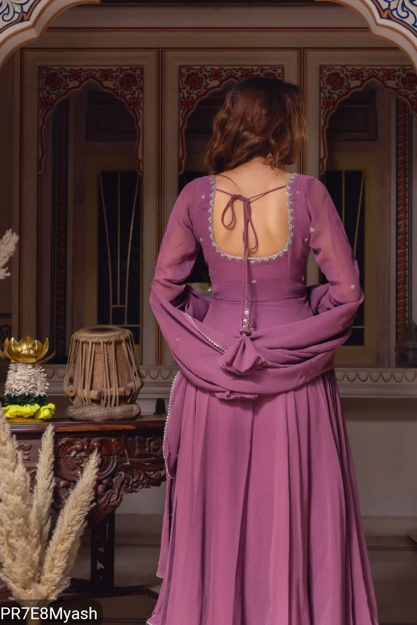 Plum Fox Georgette Anarkali Suit with Beads Work & Dupatta