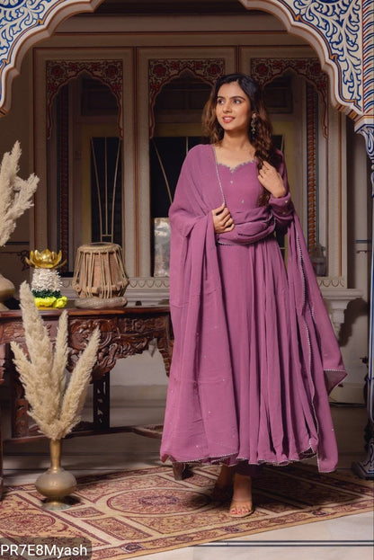 Plum Fox Georgette Anarkali Suit with Beads Work & Dupatta