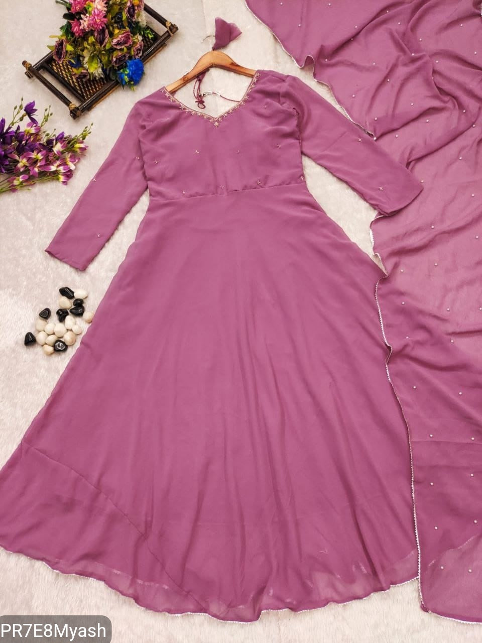 Plum Fox Georgette Anarkali Suit with Beads Work & Dupatta