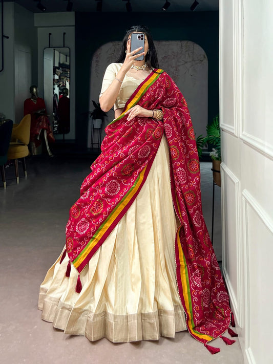 Poly Kotha Tasar Lehenga with Zari Weaving Border, Blouse & Dupatta | LNB2201