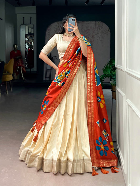 Poly Kotha Tasar Lehenga with Zari Weaving Border, Blouse & Dupatta | LNB2201