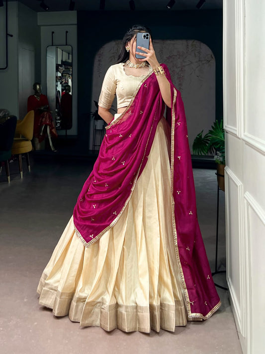 Poly Kotha Tasar Lehenga with Zari Weaving Border, Blouse & Dupatta | LNB2201
