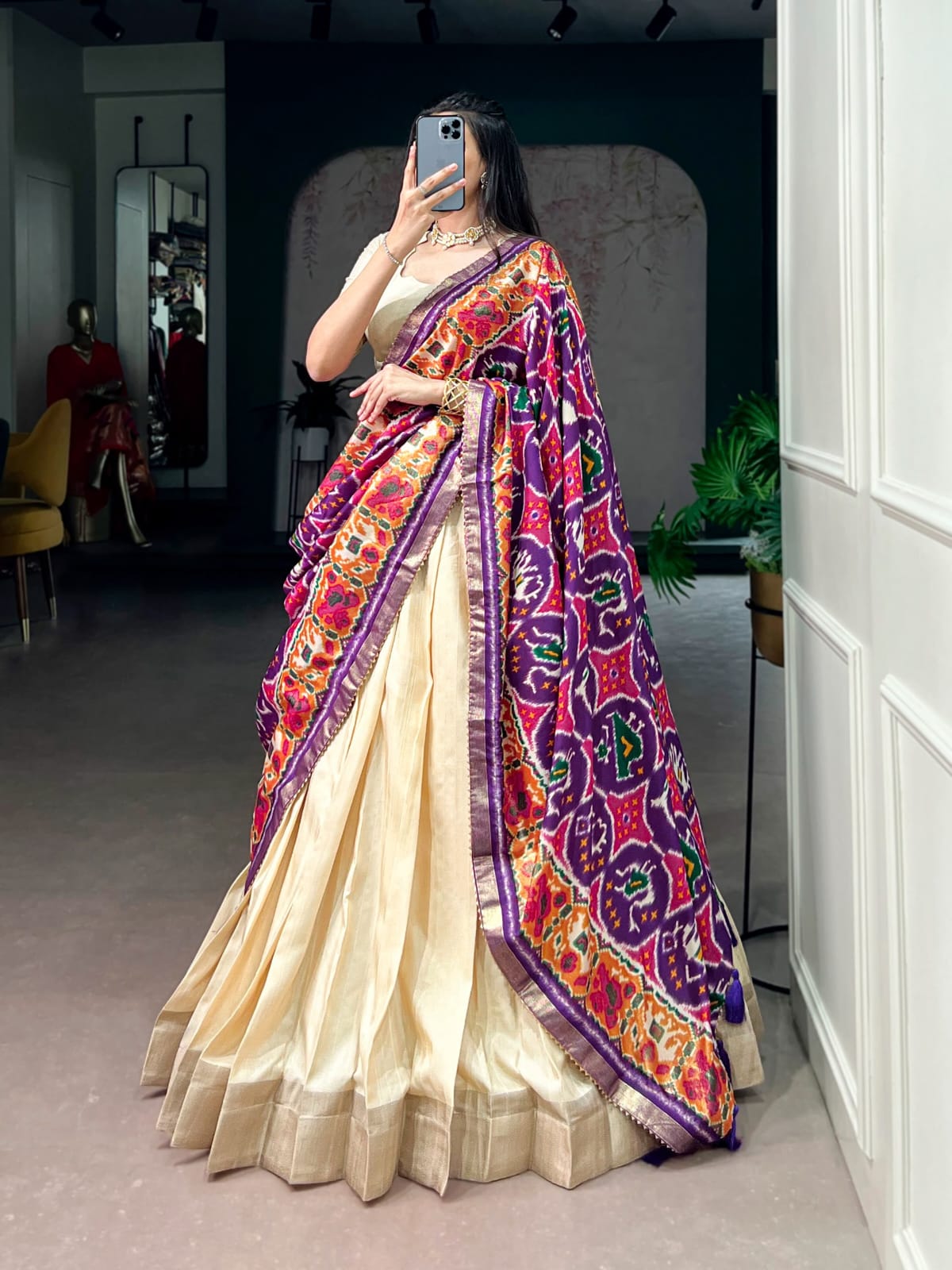 Poly Kotha Tasar Lehenga with Zari Weaving Border, Blouse & Dupatta | LNB2201