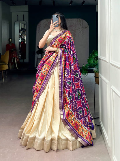 Poly Kotha Tasar Lehenga with Zari Weaving Border, Blouse & Dupatta | LNB2201