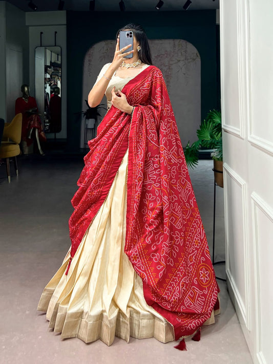 Poly Kotha Tasar Lehenga with Zari Weaving Border, Blouse & Dupatta | LNB2201