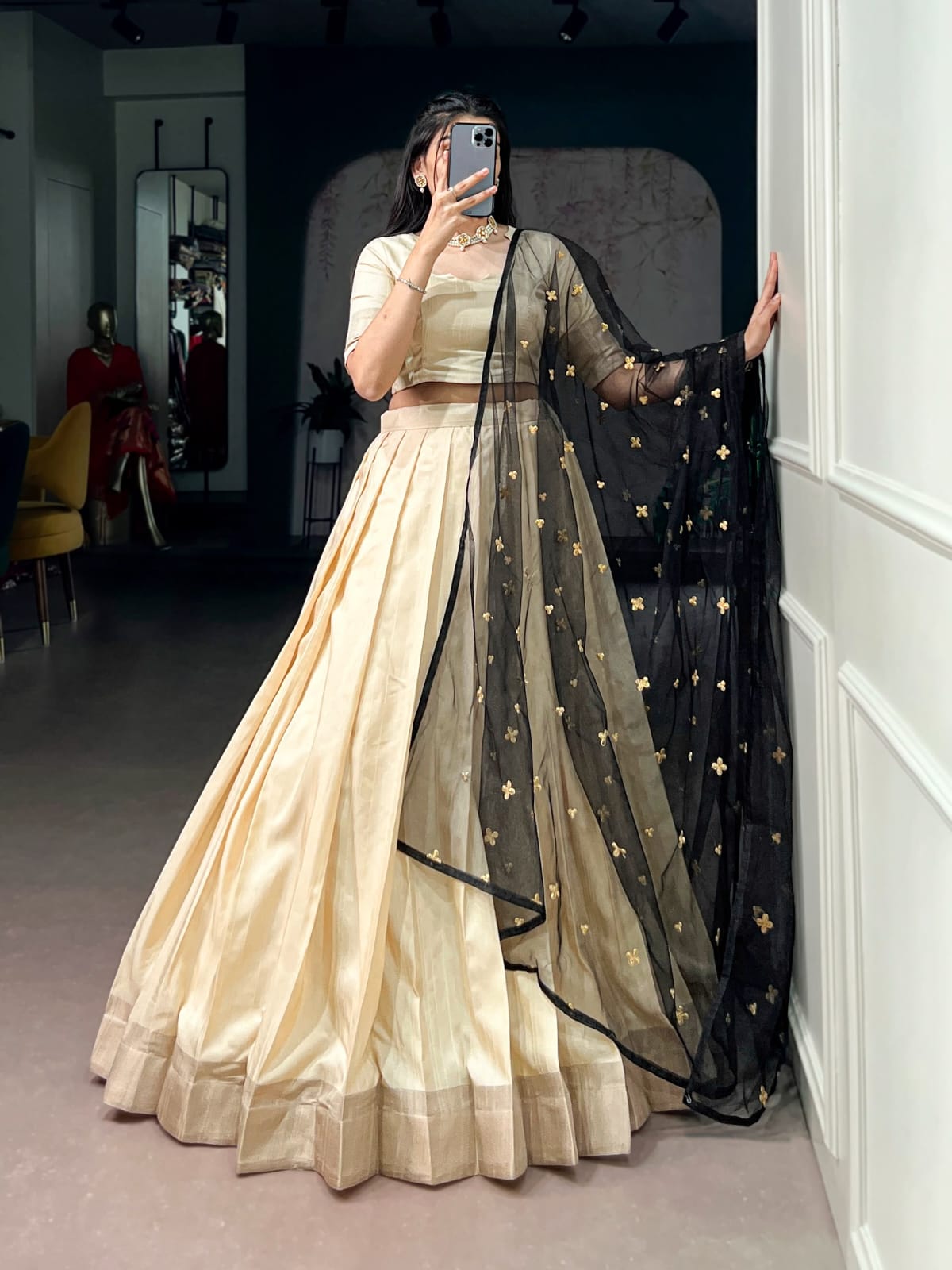 Poly Kotha Tasar Lehenga with Zari Weaving Border, Blouse & Dupatta | LNB2201