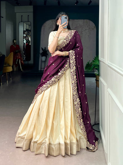 Poly Kotha Tasar Lehenga with Zari Weaving Border, Blouse & Dupatta | LNB2201