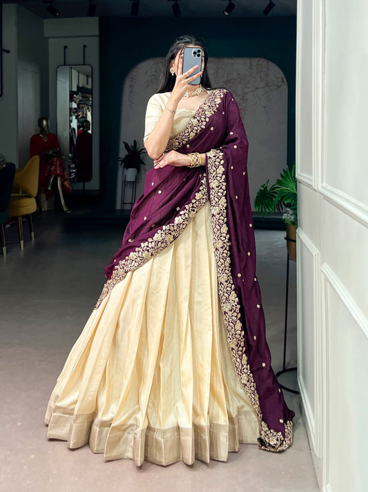 Poly Kotha Tasar Lehenga with Zari Weaving Border, Blouse & Dupatta | LNB2201