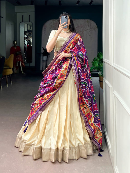 Poly Kotha Tasar Lehenga with Zari Weaving Border, Blouse & Dupatta | LNB2201