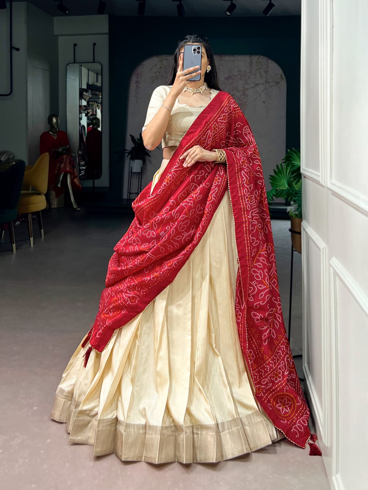 Poly Kotha Tasar Lehenga with Zari Weaving Border, Blouse & Dupatta | LNB2201