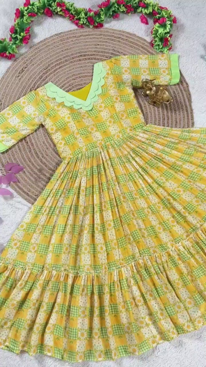 Mul-Mul Cotton Printed Midi Gown with Flare – 45 Inch