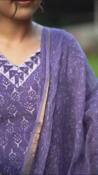 Women's Cotton Kurti Suit with Proccen Print (Kurti+Pant+Dupatta)