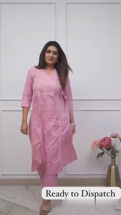 Cotton Chikankari Angrakha Kurti Pant Set | 60.60 Cotton