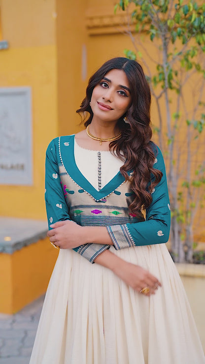 Vichitra Silk Flared Gown with Zari Weaving & Lace Work