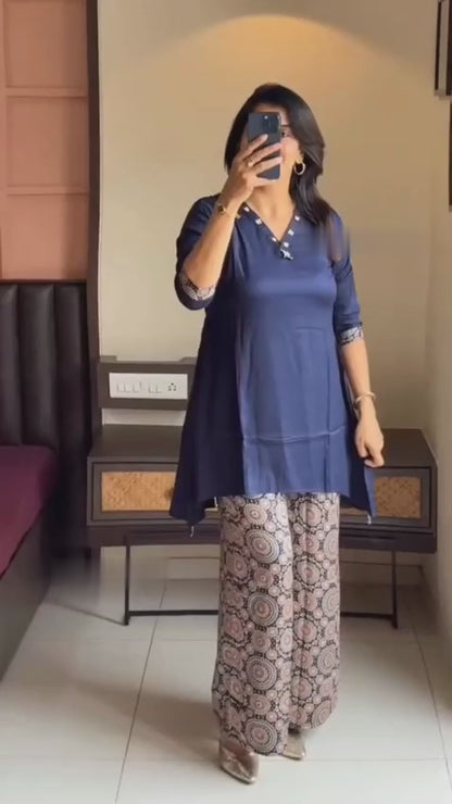 Cotton Kurti with Ajrakh Print Palazzo Co-Ord Set