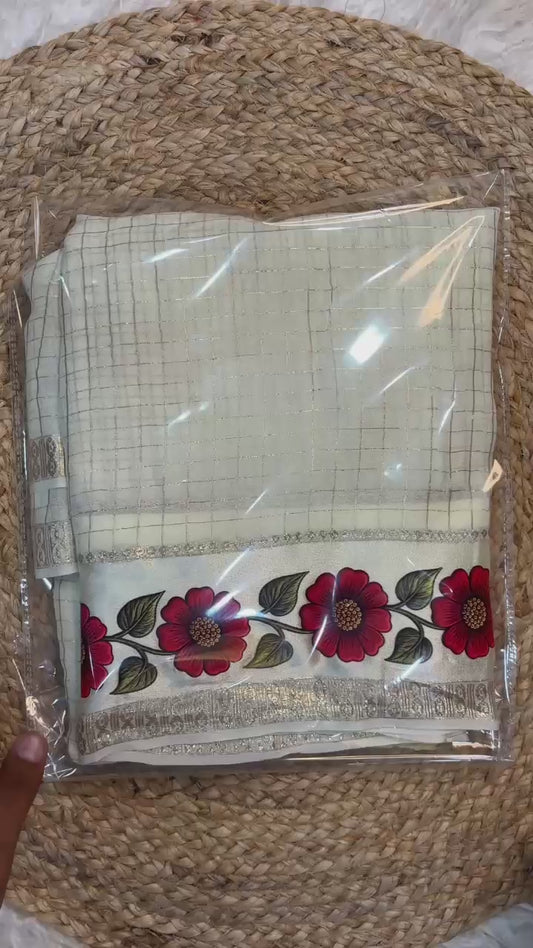 Viscose Georgette Saree with Weaving Checks, Satin Border & 3D Floral Print
