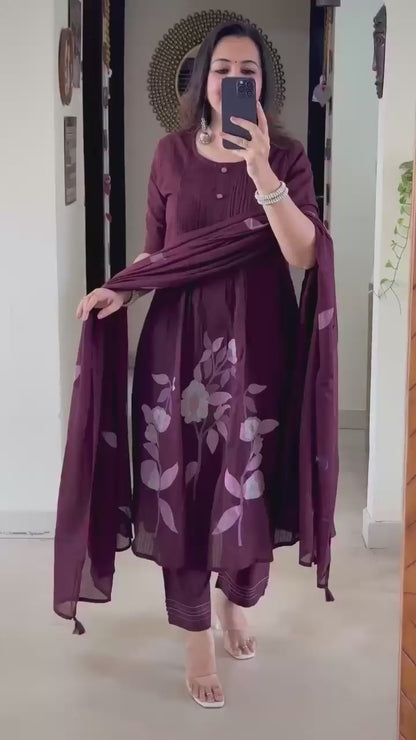 Cotton A-Line Kurta Pant Dupatta Set with Cross-Stitch Embroidery Work