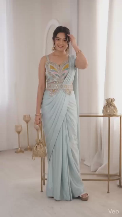 Embroidery Sequence Work Crepe Saree with Ready-to-Wear Belt and Banglori Blouse