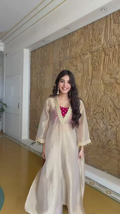 Tissue Embroidered 3-Piece Kurta Set with Satin Crop Top