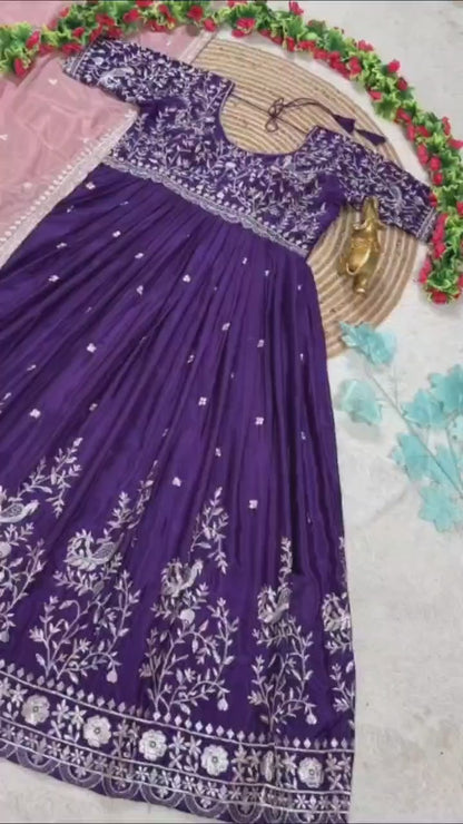 Chinnon Silk Peacock Embroidered Gown with Dupatta