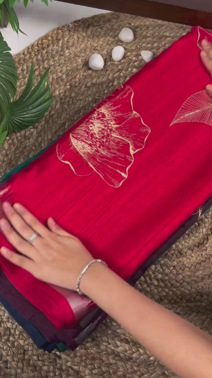 Slub Silk Saree with Floral Print & Zari Border with Blouse