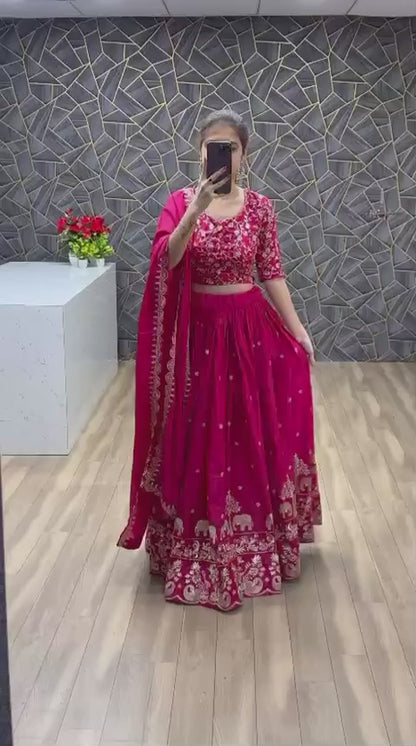 Chinon Embroidered Thread Work Lehenga Choli Set with Dupatta