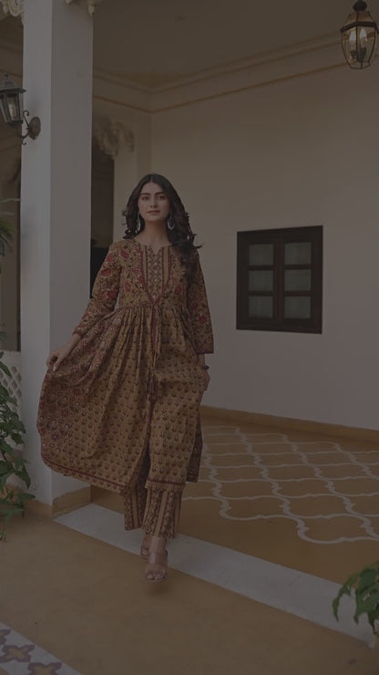 Mustard Cotton Readymade Kurta with Palazzo Set | Full Sleeves & 3 Mtr Flair