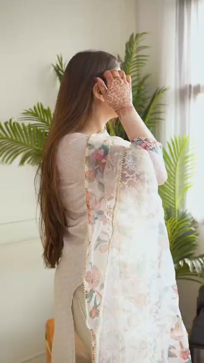 Cotton Lilan Cotton Digital Print Kurti Pant Dupatta Set with Organza Dupatta & Embroidery