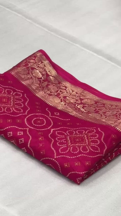 Dola Silk Bandhani Print Saree with Jacquard Border & Running Blouse