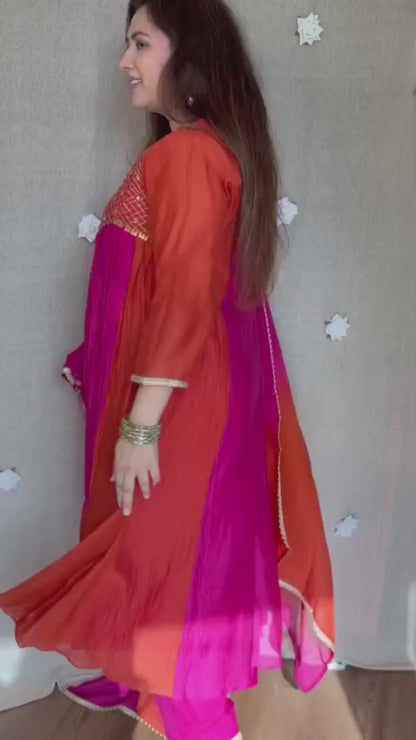 Pink & Orange Mul Chanderi Anarkali Set with Golden Work