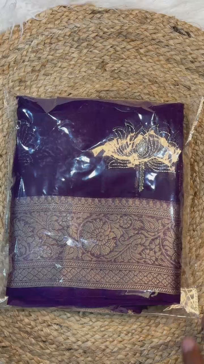 Kanchipuram Golden Organza Tissue Saree with Jacquard Border & Lotus Beads Work