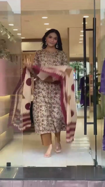 Flared Printed Cotton Anarkali Kurta Set with Pant & Dupatta