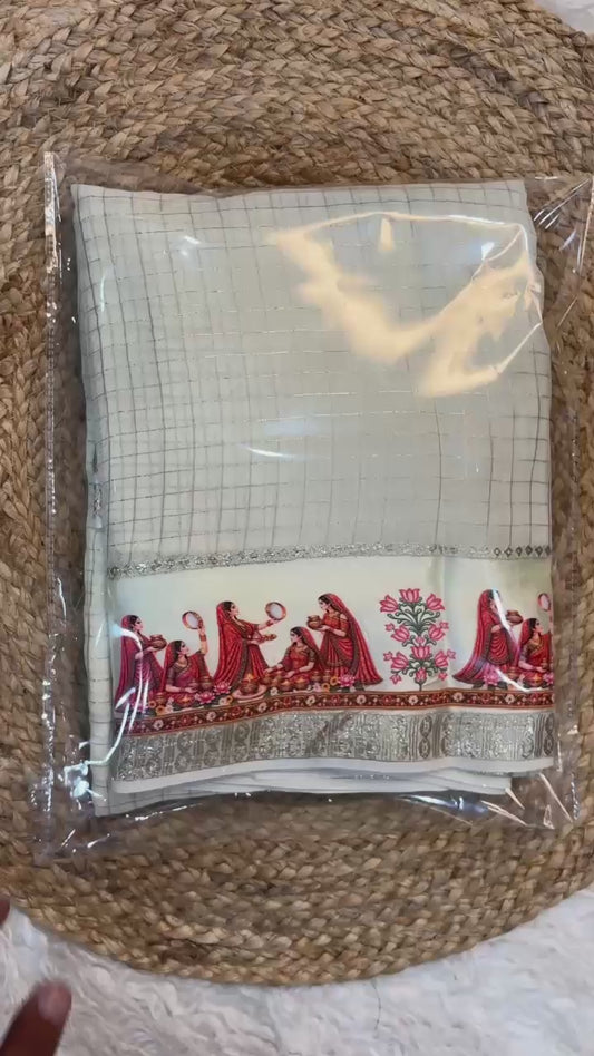 Viscose Georgette Saree with Checks, Satin Border & 3D Karwa Chauth Print