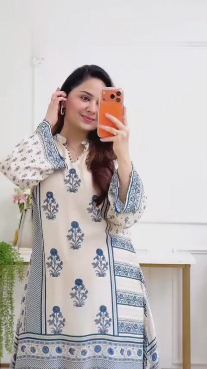 Ivory Blue Crepe Co-ord Set with Inner & Mughal Floral Buta Print