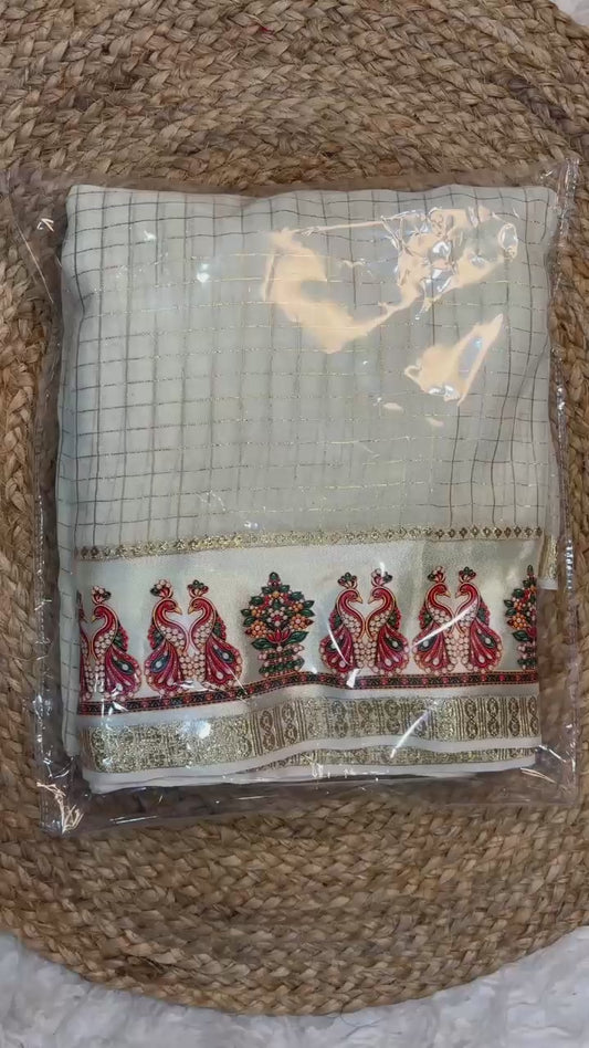 Viscose Georgette Saree with 3D Peacock Print & Satin Border