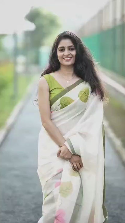 Plain Linen Digital Print Saree with Blouse