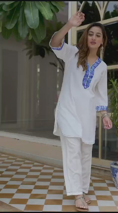 White Monochromatic Cotton Pant Set with Thread Embroidery