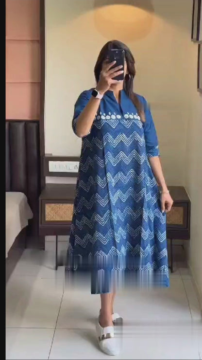 Blue Cotton Zig-Zag Midi Gown Dress with Embroidered Yoke