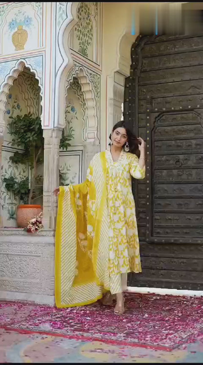 Sanganeri Cotton Anarkali Kurta Set with Embroidery