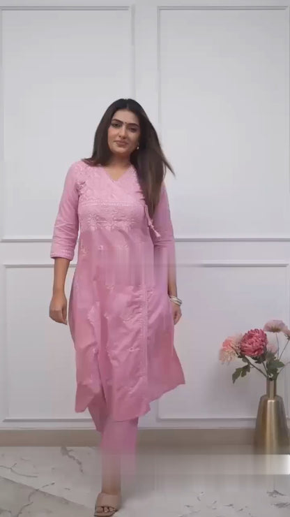 Cotton Chikankari Angrakha Style Kurti Pant Set for Women