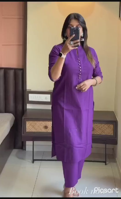 Purple Cotton Kurta Set with Kantha Work and Pocket