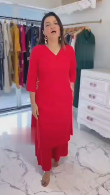 Red Cotton 60*60 Kurti Palazzo Set with Both Side Pocket Work