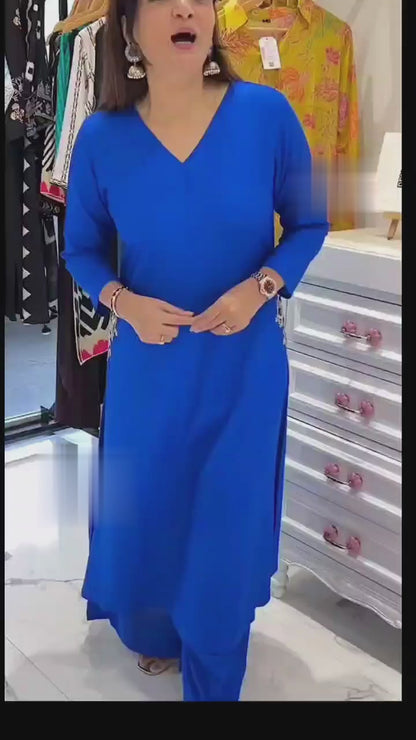 Blue Cotton 60x60 Kurti Palazzo Set with Dual-Side Work on Pocket